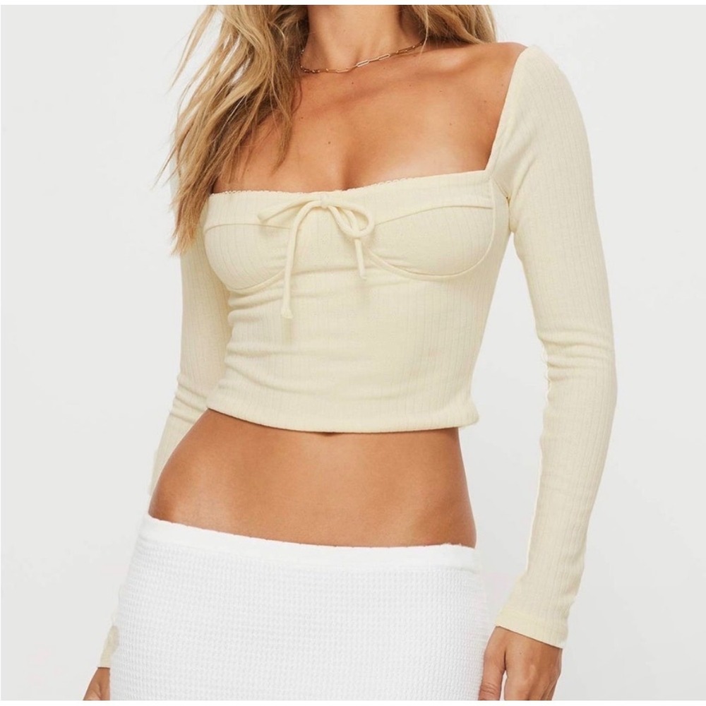 Princess Polly Claflin Long Sleeve Crop Top Cream 2 Bustier Coquette Clean Girl